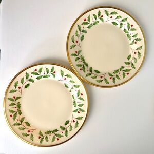 Set of 2 Lenox 8" Holiday Plates 24K Gold Trim Christmas Tableware
